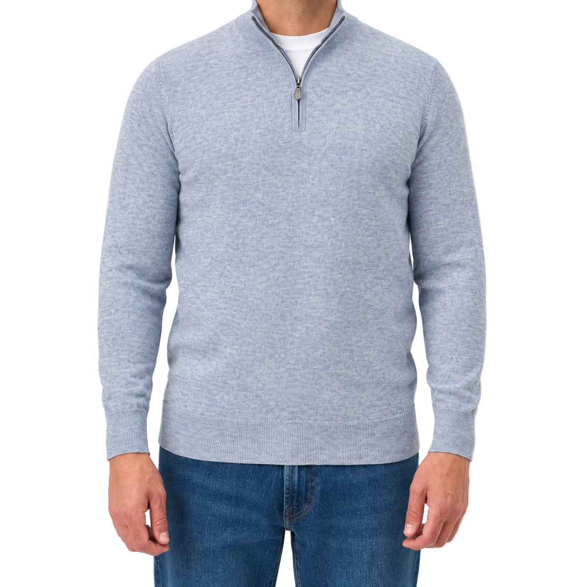 A man wearing a light heather gray quarter-zip sweater over a white undershirt and blue jeans, shown from the neck down against a plain white background.