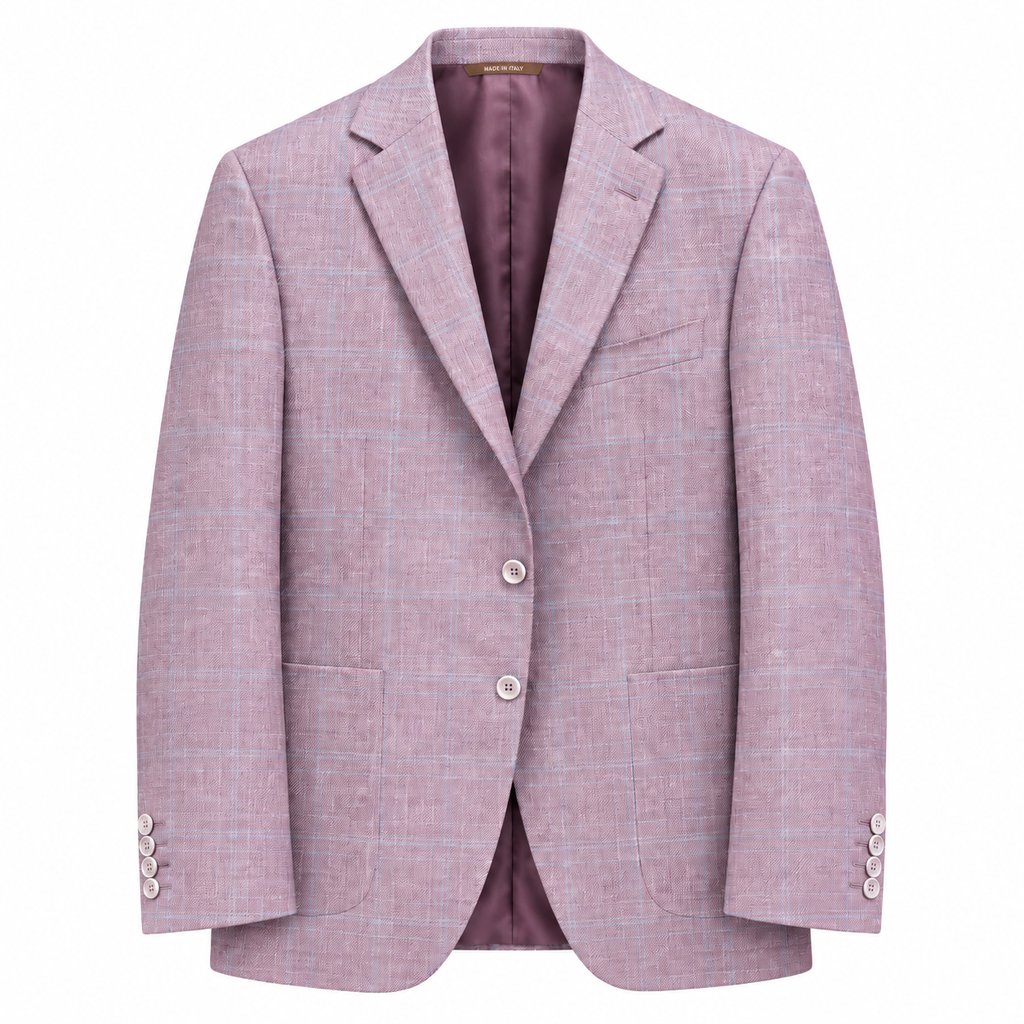A light pink and lavender plaid blazer with a dark purple satin lining, featuring a two-button front closure and a classic notch lapel, shown against a plain white background.
