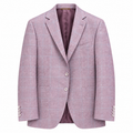 A light pink and lavender plaid blazer with a dark purple satin lining, featuring a two-button front closure and a classic notch lapel, shown against a plain white background.