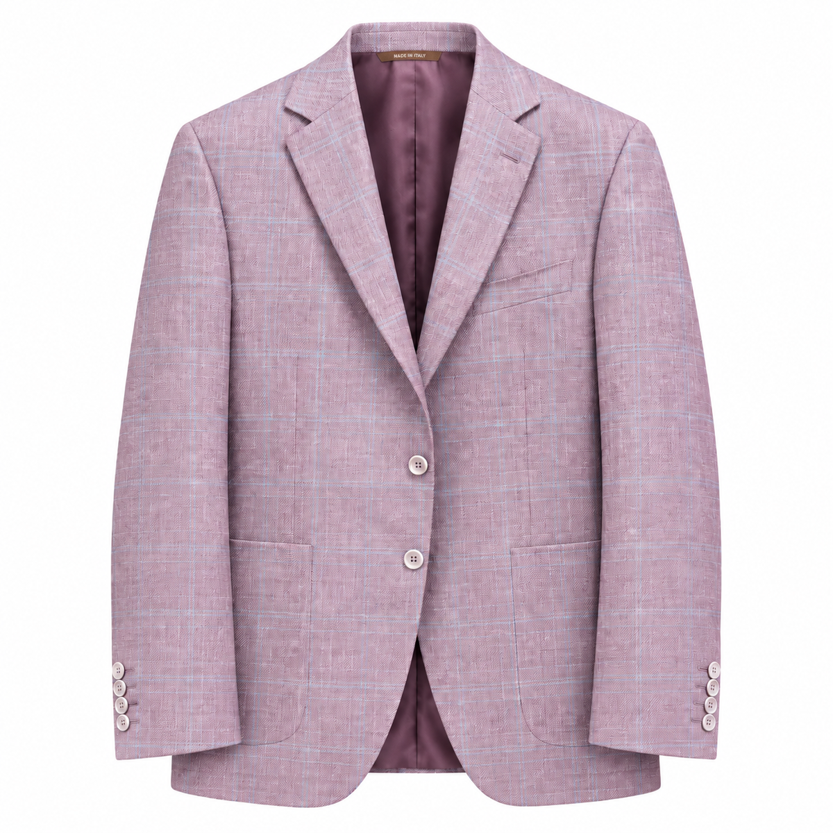 A light pink and lavender plaid blazer with a dark purple satin lining, featuring a two-button front closure and a classic notch lapel, shown against a plain white background.