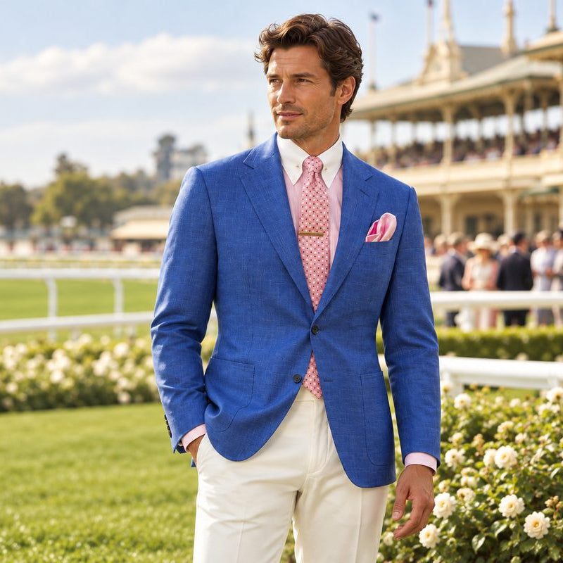 A man standing outdoors at a racetrack wearing a bright blue Canali blazer, white Brax trousers, a pink patterned tie, and a matching pink pocket square.