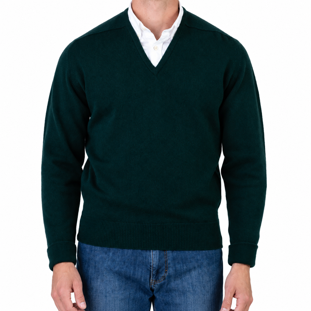 William Lockie Melrose Cashmere V-Neck Jumper - Bottle Green